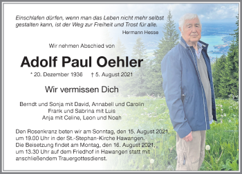 Traueranzeige von Adolf Paul Oehler von Memminger Zeitung