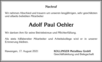 Traueranzeige von Adolf Paul Oehler von Memminger Zeitung