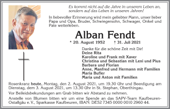 Traueranzeige von Alban Fendt von Allgäuer Zeitung, Marktoberdorf