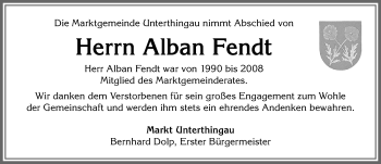 Traueranzeige von Alban Fendt von Allgäuer Zeitung, Marktoberdorf