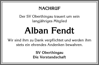 Traueranzeige von Alban Fendt von Allgäuer Zeitung, Marktoberdorf