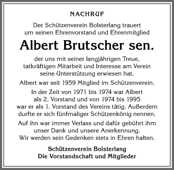 Traueranzeige von Albert Brutscher von Allgäuer Anzeigeblatt