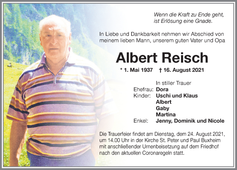  Traueranzeige für Albert Reisch vom 20.08.2021 aus Memminger Zeitung