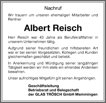Traueranzeige von Albert Reisch von Memminger Zeitung