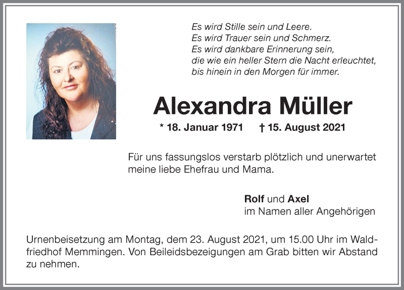  Traueranzeige für Alexandra Müller vom 21.08.2021 aus Memminger Zeitung