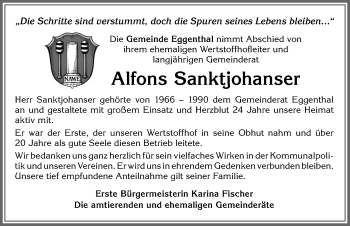 Traueranzeige von Alfons Sanktjohanser von Allgäuer Zeitung, Kaufbeuren/Buchloe