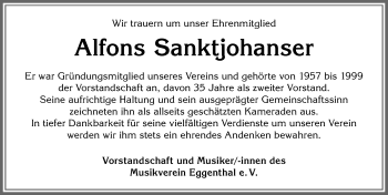 Traueranzeige von Alfons Sanktjohanser von Allgäuer Zeitung, Kaufbeuren/Buchloe