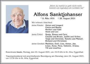 Traueranzeige von Alfons Sanktjohanser von Allgäuer Zeitung, Kaufbeuren/Buchloe