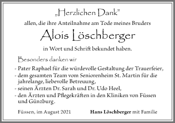 Traueranzeige von Alois Löschberger von Allgäuer Zeitung, Füssen