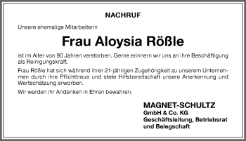 Traueranzeige von Aloysia Rößle von Memminger Zeitung