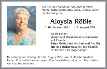 Traueranzeige von Aloysia Rößle von Memminger Zeitung