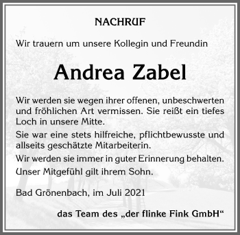 Traueranzeige von Andrea Zabel von Allgäuer Zeitung,Kempten