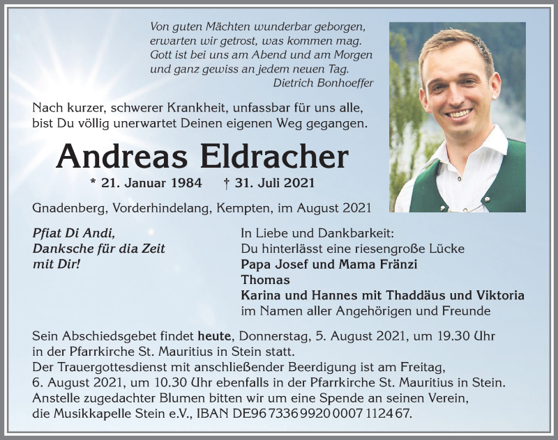  Traueranzeige für Andreas Eldracher vom 05.08.2021 aus Allgäuer Anzeigeblatt