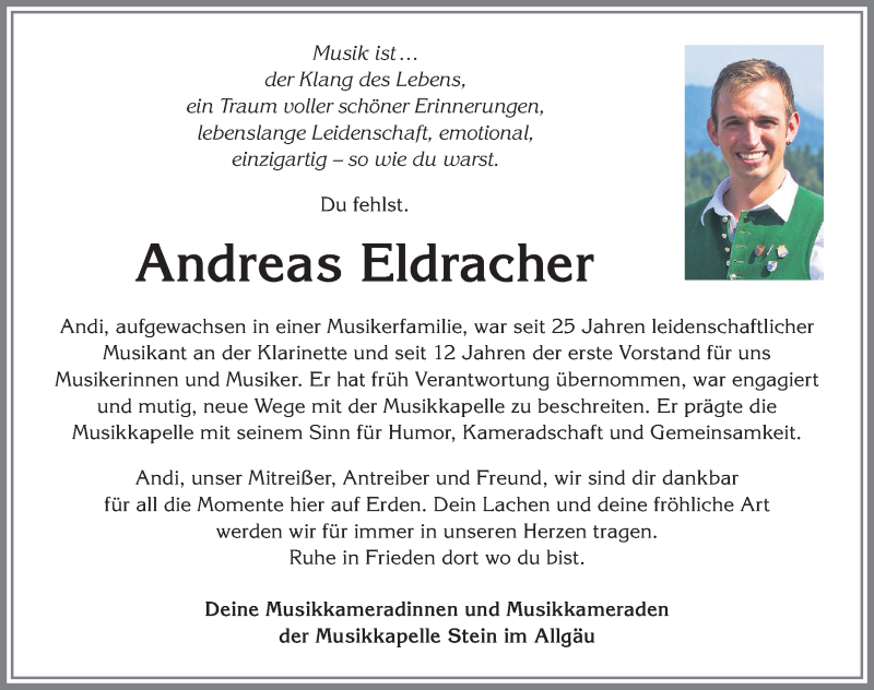  Traueranzeige für Andreas Eldracher vom 05.08.2021 aus Allgäuer Anzeigeblatt