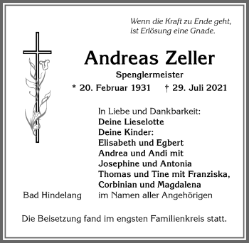 Traueranzeige von Andreas Zeller von Allgäuer Anzeigeblatt