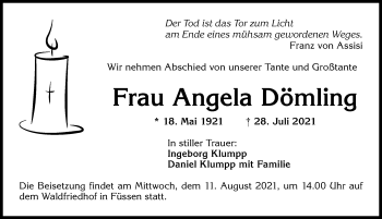 Traueranzeige von Angela Dömling von Allgäuer Zeitung, Füssen