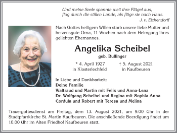Traueranzeige von Angelika Scheibel von Allgäuer Zeitung, Kaufbeuren/Buchloe