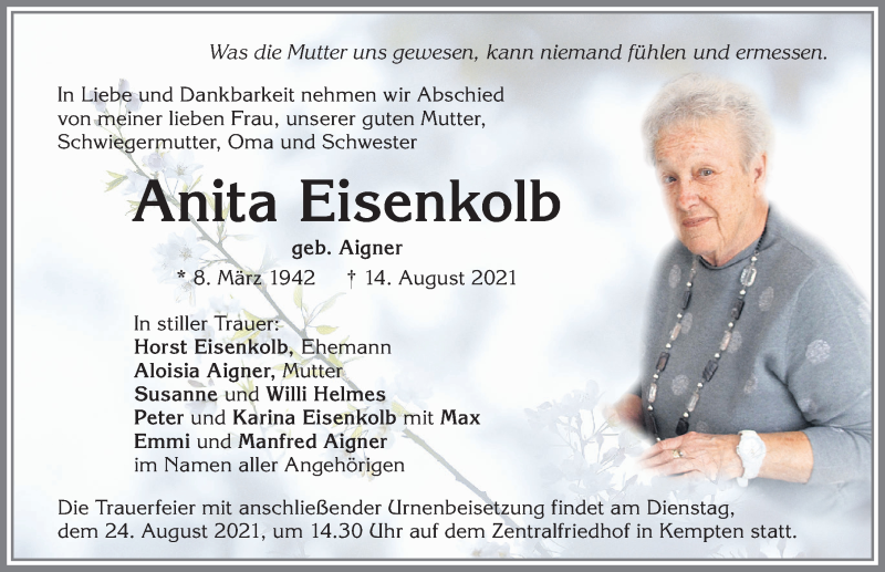  Traueranzeige für Anita Eisenkolb vom 21.08.2021 aus Allgäuer Zeitung,Kempten