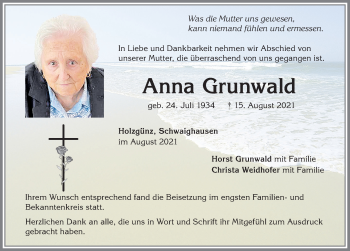 Traueranzeige von Anna Grunwald von Memminger Zeitung