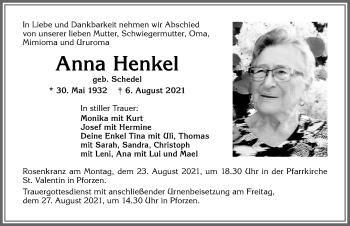 Traueranzeige von Anna Henkel von Allgäuer Zeitung, Kaufbeuren/Buchloe