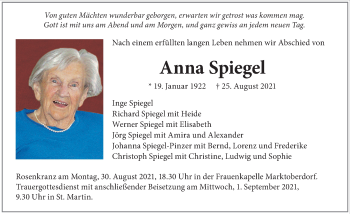 Traueranzeige von Anna Spiegel von Allgäuer Zeitung, Marktoberdorf