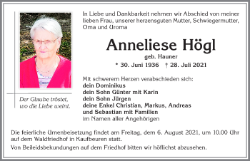 Traueranzeige von Anneliese Högl von Allgäuer Zeitung, Kaufbeuren/Buchloe