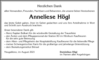 Traueranzeige von Anneliese Högl von Allgäuer Zeitung, Kaufbeuren/Buchloe