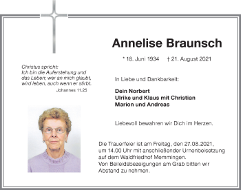 Traueranzeige von Annelise Braunsch von Memminger Zeitung