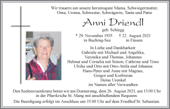Traueranzeige von Anni Driendl von Allgäuer Zeitung, Füssen