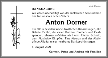 Traueranzeige von Anton Dorner von Allgäuer Anzeigeblatt