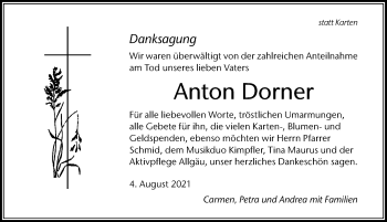 Traueranzeige von Anton Dorner von Der Westallgäuer