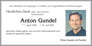 Traueranzeige von Anton Gundel von Allgäuer Zeitung, Kaufbeuren/Buchloe