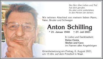 Traueranzeige von Anton Schilling von Allgäuer Zeitung, Kaufbeuren/Buchloe