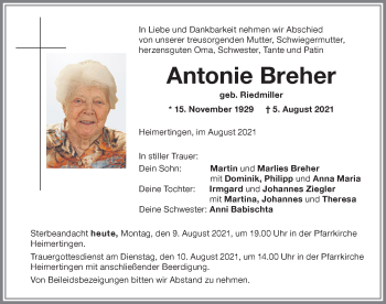 Traueranzeige von Antonie Breher von Memminger Zeitung