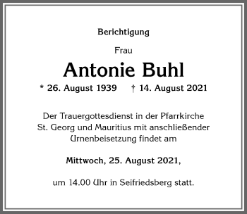 Traueranzeige von Antonie Buhl von Allgäuer Anzeigeblatt