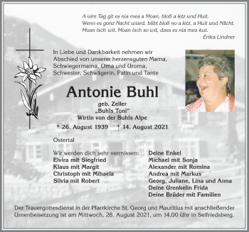 Traueranzeige von Antonie Buhl von Allgäuer Anzeigeblatt