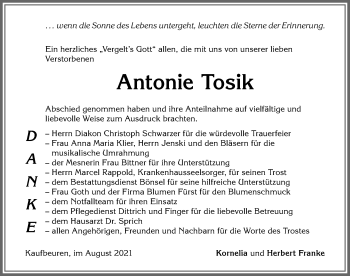 Traueranzeige von Antonie Tosik von Allgäuer Zeitung