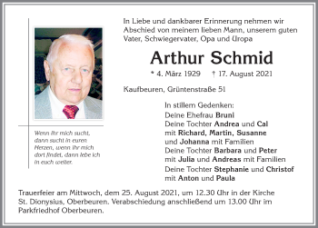 Traueranzeige von Arthur Schmid von Allgäuer Zeitung, Kaufbeuren/Buchloe