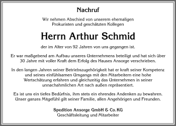 Traueranzeige von Arthur Schmid von Allgäuer Zeitung
