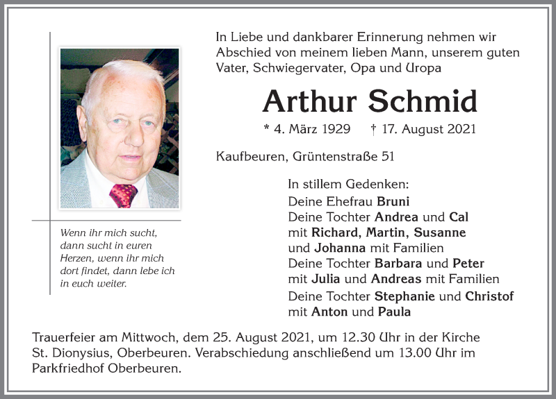  Traueranzeige für Arthur Schmid vom 21.08.2021 aus Allgäuer Zeitung, Kaufbeuren/Buchloe