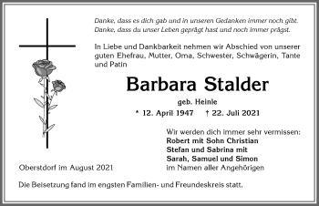 Traueranzeige von Barbara Stalder von Allgäuer Anzeigeblatt