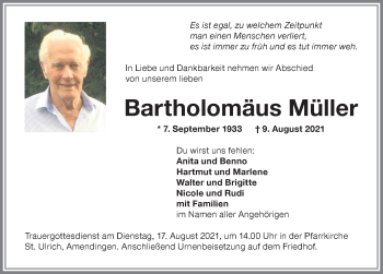 Traueranzeige von Bartholomäus Müller von Memminger Zeitung