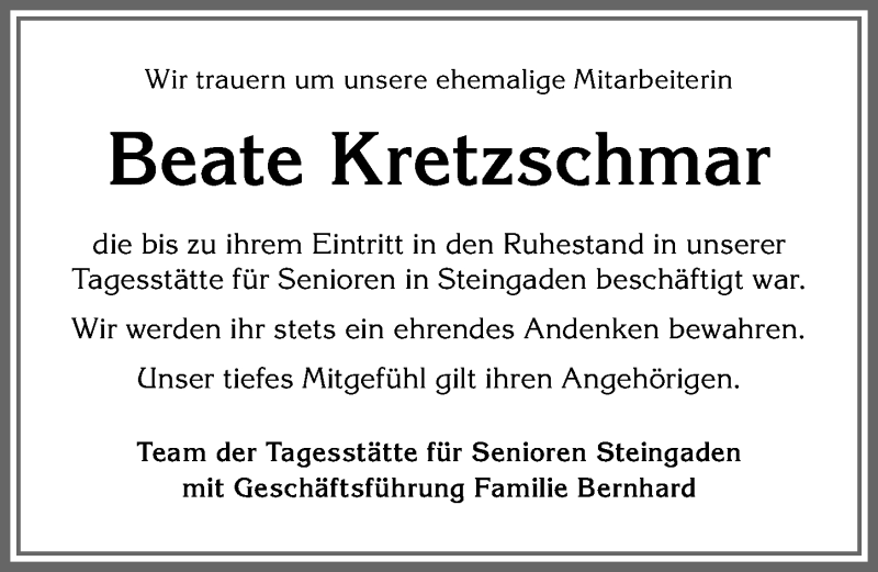  Traueranzeige für Beate Kretzschmar vom 28.08.2021 aus Allgäuer Zeitung, Füssen