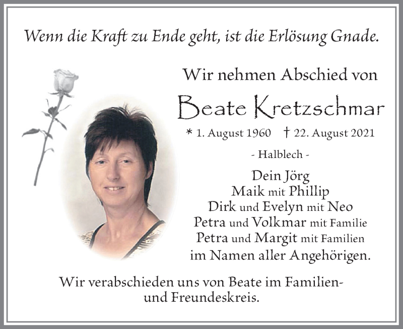  Traueranzeige für Beate Kretzschmar vom 28.08.2021 aus Allgäuer Zeitung, Füssen