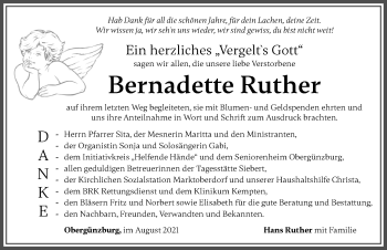 Traueranzeige von Bernadette Ruther von Allgäuer Zeitung, Marktoberdorf