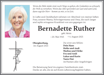 Traueranzeige von Bernadette Ruther von Allgäuer Zeitung, Marktoberdorf