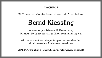Traueranzeige von Bernd Kiessling von Allgäuer Anzeigeblatt