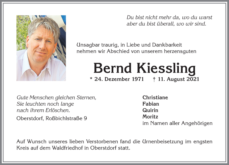  Traueranzeige für Bernd Kiessling vom 24.08.2021 aus Allgäuer Anzeigeblatt
