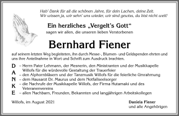 Traueranzeige von Bernhard Fiener von Allgäuer Zeitung, Marktoberdorf