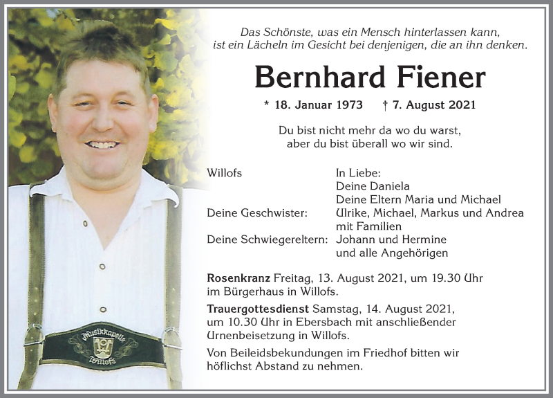  Traueranzeige für Bernhard Fiener vom 12.08.2021 aus Allgäuer Zeitung, Marktoberdorf